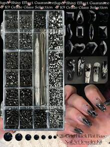 KIRAME 21-Grid DIY Nail Art K9 Glass Black Flat Back Rhinestone Set - 30 High-Gloss Rhinestones Per Grid, Includes 1 Rhinestone Pen, Nail Gems, Nail Salon, Home Manicure, Nail Supplies, Christmas, Summer And Travel Nail Art, Holiday Gift Nail Charms - Black - View 6