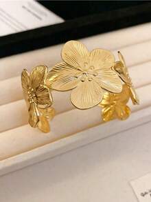 1 Stück 18k vergoldetes Gold & Silber Edelstahl großes Blumen- & Staubblatt-Splice-Offen-Armband, elegantes modisches Statement-Stück, Herbst-/Winter-Vibe, übertriebener Stil, geeignet für Frauen, soziale Anlässe, Geschenke, Partys und tägliches Tragen - Mit Blumen besticktes Staubblatt-Armband - Übersicht 4