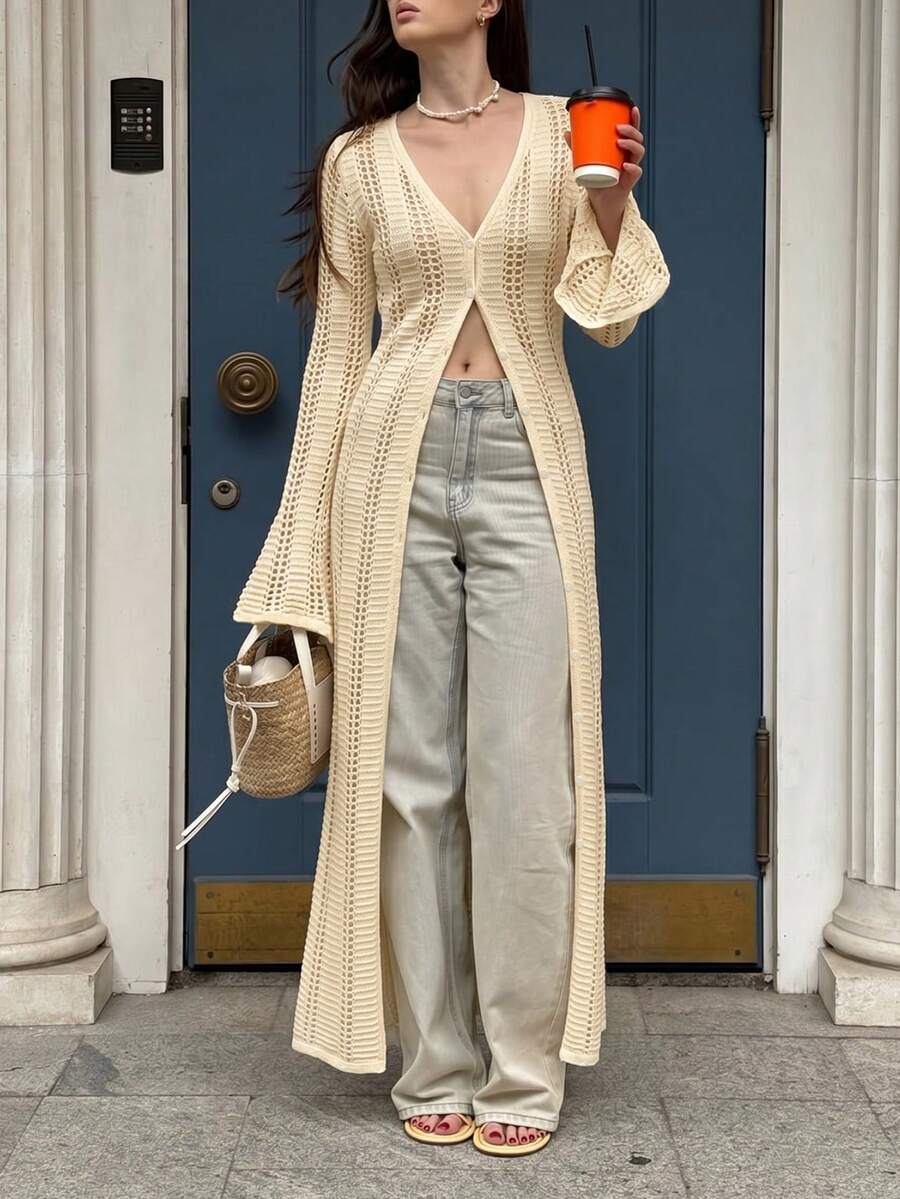 Long Autumn Knitted Cardigan With Crochet Details, Bell Sleeves And Hollow-Out Design, Suitable For Casual Beach Vacations Or Y2K Street Style Summer - Apricot - View 1