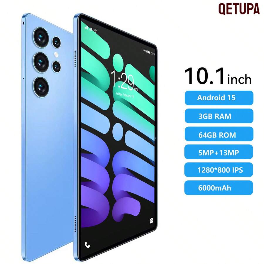 Qetupa Tablet PC Android 15 Z50 10,1 inci, RAM 3GB + ROM 64GB, Prosesor MTK 6755 Octa-Core 1,8GHz, Layar Sentuh IPS HD (1280x800), Kamera Depan 5MP dan Kamera Belakang 13MP, Baterai Besar 6000mAh, Tanpa Slot Kartu SIM, Mendukung Membaca dan Bermain Game. Desain Ringan dan Tahan Lama dengan Kaca yang Diperkuat, Nikmati Hiburan Kapan Saja Di Mana Saja (Adaptor Tidak Termasuk) - Biru - View 1