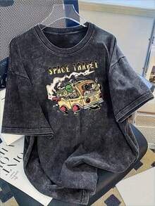 stilo streetwear desgastado, manga corta - Corte holgado informal de verano, diseño sencillo, cuello redondo grande, camiseta de manga corta, ropa versátil para hombre SJ4M230g Algodón 100%. - Negro - Ver 1