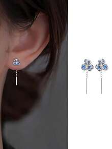 1 Pair S925 Sterling Silver Mori Style Blue Iris Ear Thread Earrings, Gentle Elegant Fresh Versatile Women's Lady Style Jewelry, Suitable For Daily Wear, Outings, Gatherings, Anniversaries, Holiday Gifts - Flowers - View 3