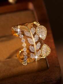 1 chiếc nhẫn hở sang trọng hình lá 3 lớp đính đá Cubic Zirconia, màu vàng, phù hợp cho nữ, quà tặng trang sức cho đám cưới, lễ đính hôn, kỷ niệm, tiệc tùng. - vàng - Xem 6
