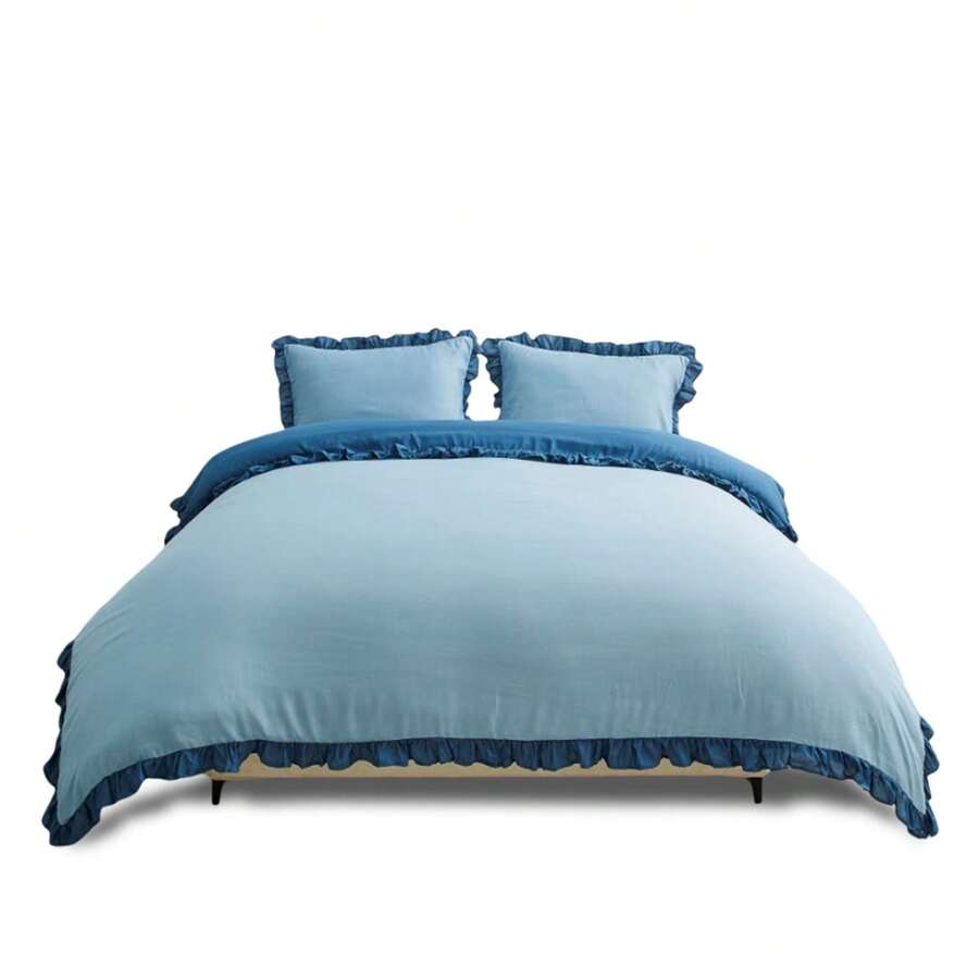 VELVETIO Luxury Kendrick Frill Duvet Cover Set Reversible Bedding Set Soft Smooth Lightweight Microfiber Polyester With Matching Pillow Cases Elegant Ruffle Edge Plain Design Single Double King - Blue/Denim Blue - View 1