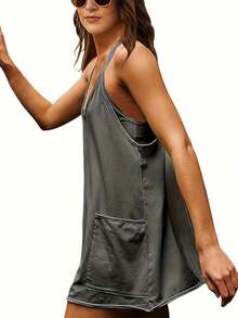 Women's Sleeveless Summer Mini Dress, Spaghetti Strap Style, Short Dress With Pockets - 深灰色 - View 3
