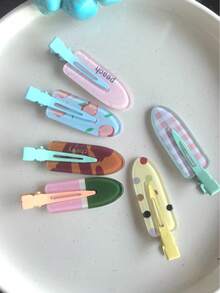 6件組時尚迷人夏季格紋波點桃子西瓜無縫髮夾，女款前側瀏海夾，化妝定位髮夾，可愛髮飾 - 彩色 - 查看 3