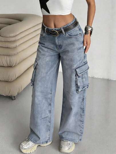 Women's Casual Cargo Pocket Wide Leg High Waist Denim Jeans