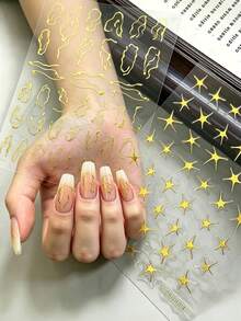 6 Sheets Metallic Gold Nail Stickers, Y2K Punk Style 3D Bronzing Flame Star Swirl Line Nail Decals, Abstract Irregular Curve Self-Adhesive Nail Art Decor For DIY Manicure - Gold - View 1