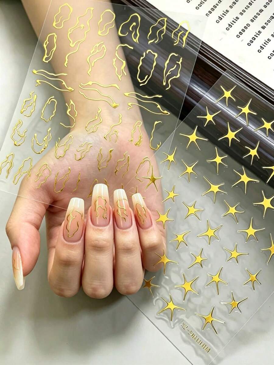 6 Sheets Metallic Gold Nail Stickers, Y2K Punk Style 3D Bronzing Flame Star Swirl Line Nail Decals, Abstract Irregular Curve Self-Adhesive Nail Art Decor For DIY Manicure - Gold - View 1