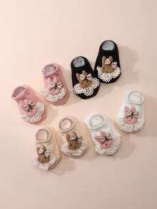 4 pares de calcetines cortos para niña con decoración de conejo lindo, unicolor, suela antideslizante, calcetines tipo barco, versátiles para todas las estaciones - Multicolor - Ver 5