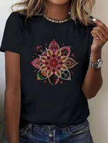 Women's Floral Print Short Sleeve Casual Shirts, Soft Breathable For Everyday Wear, 220g - Black - View 1