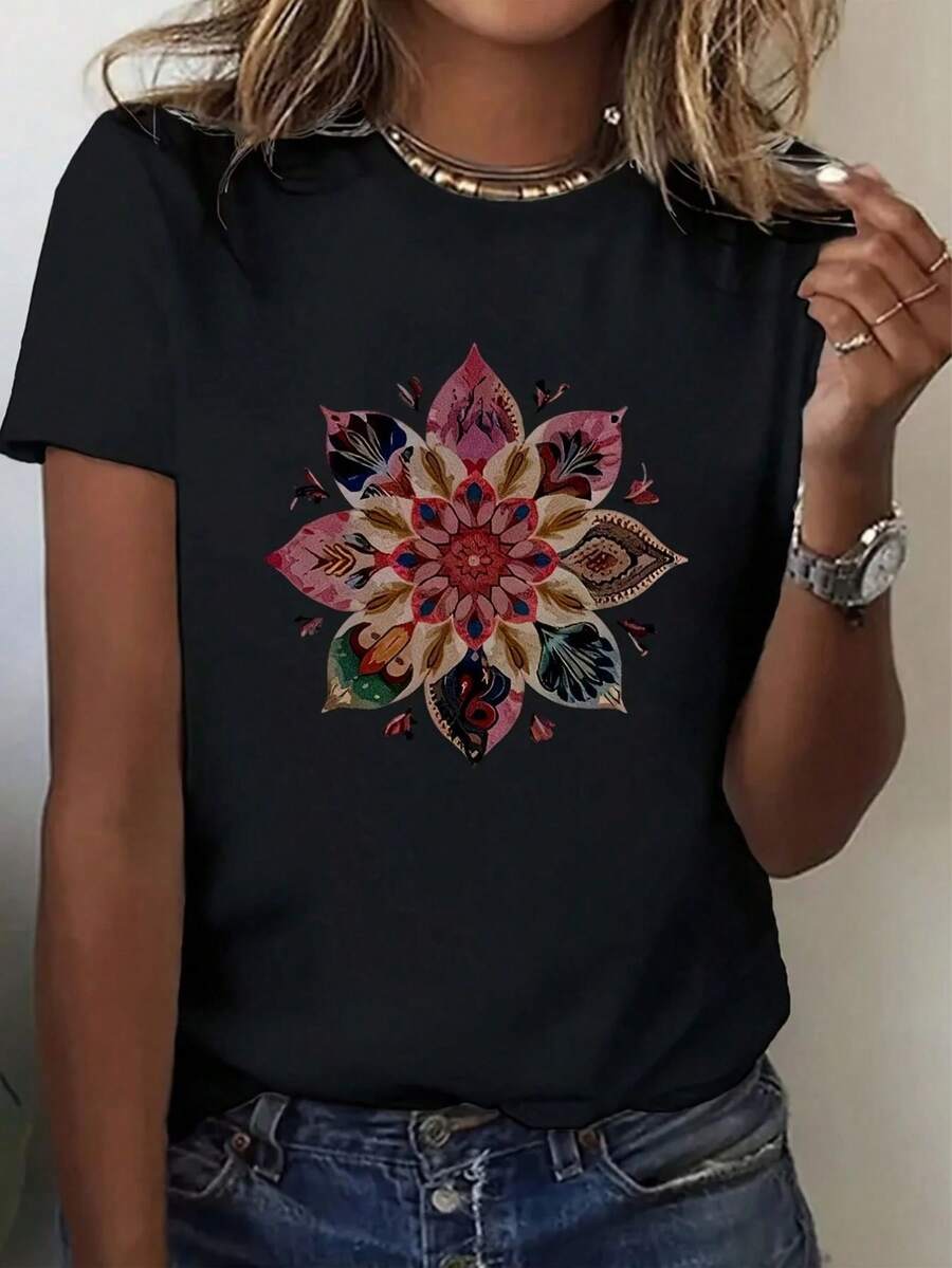 Women's Floral Print Short Sleeve Casual Shirts, Soft Breathable For Everyday Wear, 220g - Black - View 1