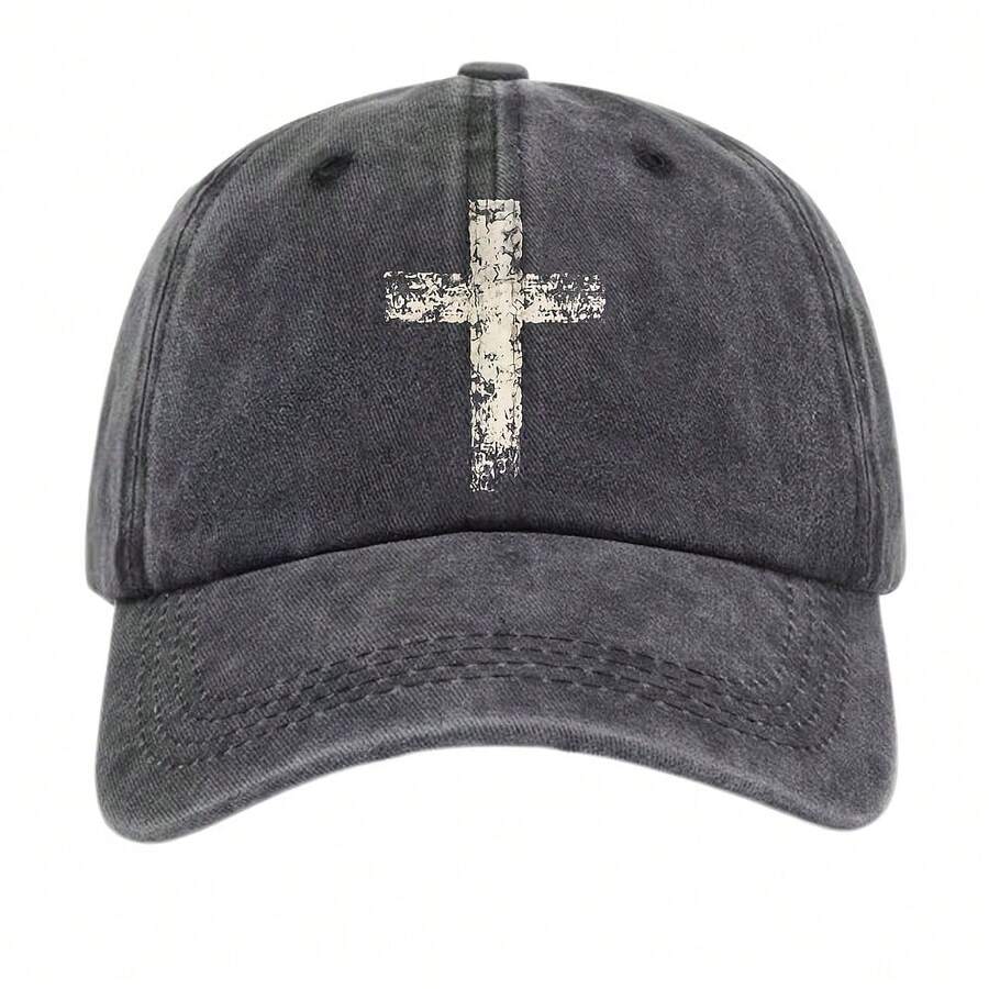 Cross Faith Dad Hat-Casual Distressed Religious Graphic Washed Baseball Cap - Color 4 - View 1