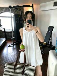韓系時尚春季小眾設計抓皺圓領寬鬆休閒泡泡袖泡泡裙擺背心洋裝 女款白色優雅夏季 - 白色 - 查看 3