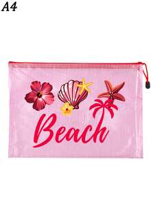 多色防水時尚網格沙灘包，印有「Beach」字樣的化妝包，羽毛花朵、扶桑花、海星、貝殼和珍珠元素，大容量透明化妝包，尼龍拉鍊盥洗包，輕巧，可存放防曬霜、零食、比基尼和沙灘必需品。春/夏防曬收納，適合游泳、沙灘、潛水和夏季度假，學生返校，送給朋友、家人、閨蜜、同學的禮物。生日、節日、派對、婚禮（伴娘）、郵輪必需品、畢業 - 彩色 - 查看 16