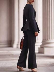 Elegant Women's Black 2 Pieces Suit, Notch Collar Ruffle Hem Top And Pants Set, Suitable For Autumn/Winter Wear - Black - View 5