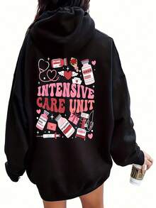 RN - Black With White ECG Graphic And Heartbeat, Nursing Professional Clothing, Hood With Adjustable Drawstring, For Healthcare Professionals In All Seasons. - 紫色 - 查看 1