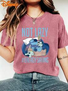 Disney Lilo & Stitch "Not Lazy " Funny Quote Graphic T-Shirt, Unisex Cute Whimsical Disney Casual Tee - 玫紅色 - 查看 1