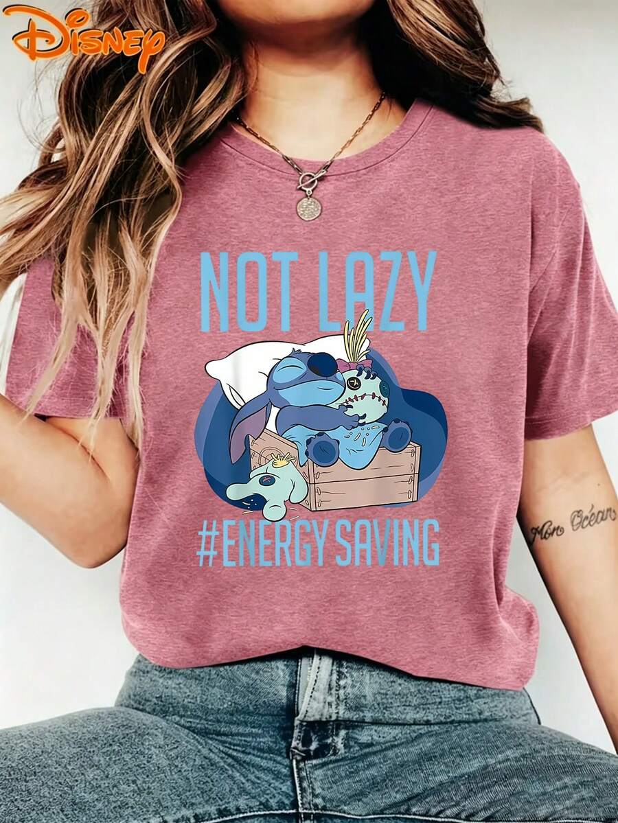 Disney Lilo & Stitch "Not Lazy " Funny Quote Graphic T-Shirt, Unisex Cute Whimsical Disney Casual Tee - 玫紅色 - 查看 1