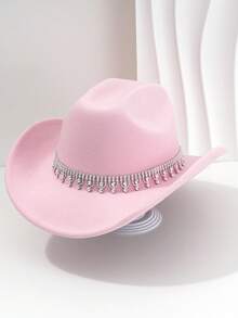 1pc Women's Solid Color Casual Western Cowboy Hat For Travel, Shopping, Daily Use - Pink - View 7