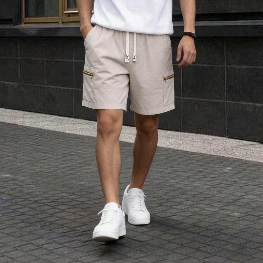 男士杏色寬鬆美式通勤戶外健身百搭休閒工裝短褲 - 杏色 - 查看 1