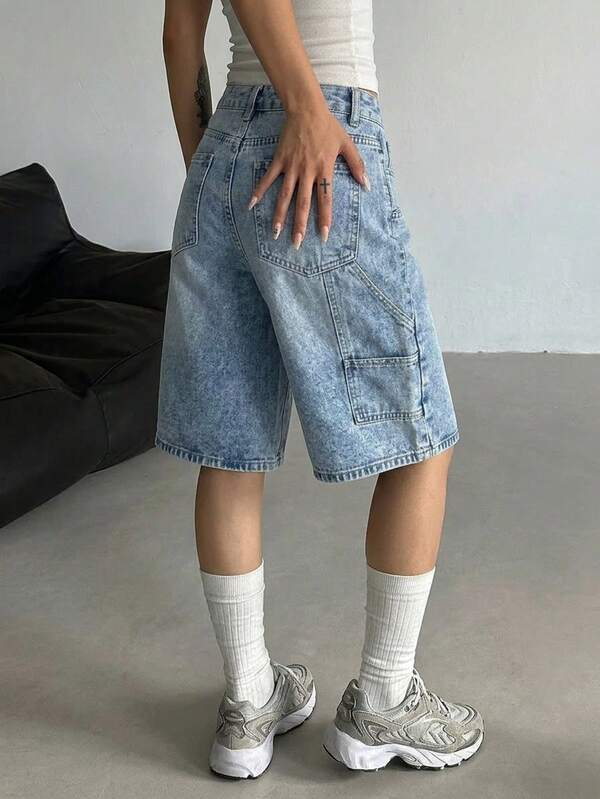 UMINOW Pantalones cortos tipo bermuda de mezclilla holgados para mujer, ropa casual de verano con lavado claro, con bolsillos y detalles de cremallera