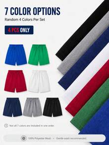 4pcs/Set Pantalones cortos deportivos de malla para niños y jóvenes, 4 colores aleatorios de 7 disponibles, adecuados para entrenamiento diario y baloncesto - Multicolor - View 3