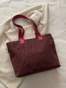 Bolso Tote Grande de Moda Versátil con Textura unicolor Nuevo Bolso Casual Minimalista con Textura Estampado de Leopardo Bolso de Hombro Grande - Burdeos - Ver 10