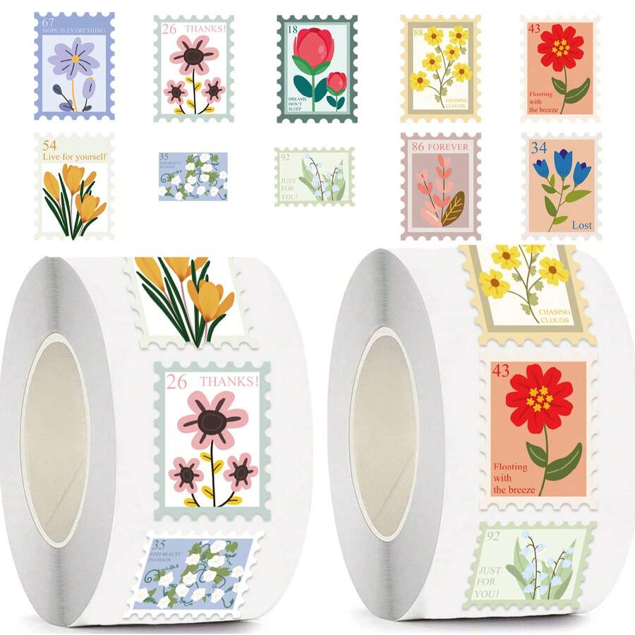 500Pcs Flower Sticker Rolls, 10 Styles, Beautiful Waterproof Vinyl Stickers (500 Per Roll) School Supplies - 1 Set - View 1