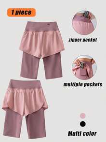 1 Set de Shorts deportivos de cintura alta de 2 en 1 con bolsillos con cremallera, de unicolor, multiusos, minimalistas, para fitness, yoga y running, de nueva temporada primavera/verano - Rosa - Ver 2