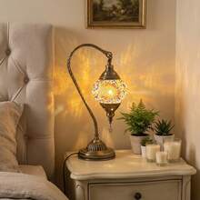 Turkish Moroccan Mosaic Glass Table Lamp, Handmade Swan Neck Bedside Lamp With Bronze Base, 3 Color Modes LED Light, Decorative Nightstand Lamp For Bedroom, Living Room, Boho Home Decor, LED Bulb Included, Orange. - Xem 3