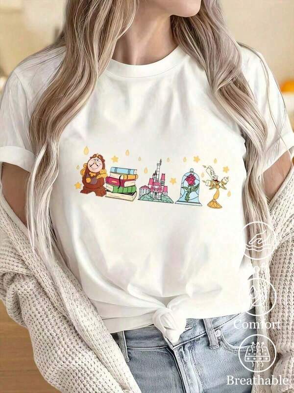 Camiseta con Personajes, Camiseta Gráfica Inspirada para Mujer, Diseño de Dibujos Animados con Estampado de Bella, la Bestia y el Castillo, Top de Algodón Cómodo,Estilo Coreano
