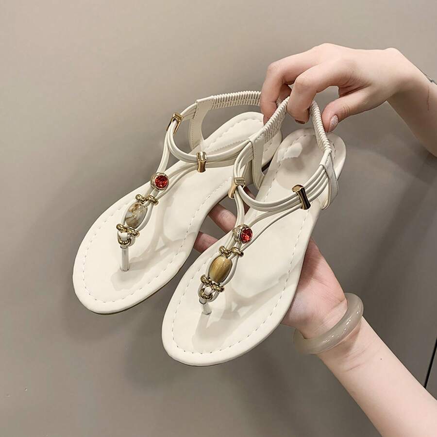 Women's Emerald Green Flat Sandals With Sparkling Rhinestones, Thimble Flip Flops With Elastic Back Strap, Elegant Shoes For Beach Parties And Casual Summer Wear - 708米色 - 查看 1