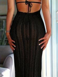 Vestido de playa, color sólido, sexy, con cuello halter en V, diseño calado y semitransparente, ropa de baño y vestimenta para mujer. - Negro - Ver 4