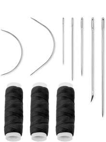 Needle And Thread Set, Hair Extension Needles, 3pcs Black Waxed Thread With 1 Set Wig Sewing Needles, Used For Hand-Sewing Wigs And Extensions, C/J Shaped Curved Needles For Hair Extensions And Daily Use - Black - View 1