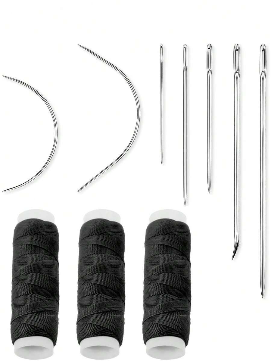 Needle And Thread Set, Hair Extension Needles, 3pcs Black Waxed Thread With 1 Set Wig Sewing Needles, Used For Hand-Sewing Wigs And Extensions, C/J Shaped Curved Needles For Hair Extensions And Daily Use - Black - View 1