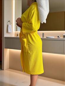 BATA DE BAÑO UNISEX AMPLIA Y LARGA EXCELENTE ABSORCIÓN TELA MICROTOALLA (ALGODÓN CON MICROFIBRA) - Amarillo - Ver 7