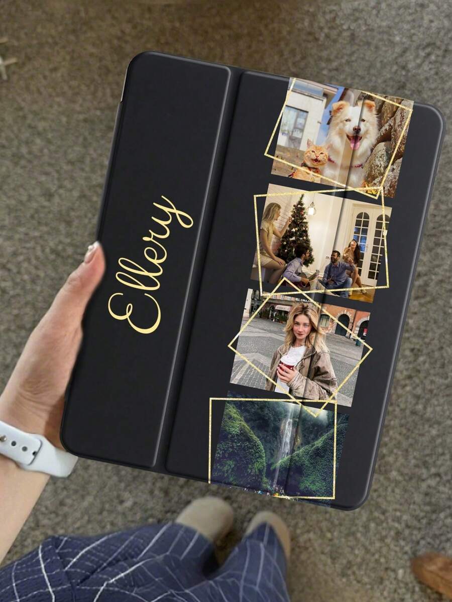 1 pieza Funda de tableta personalizada con ranura para lápiz transparente, marco de línea de fondo negro plegable 3 veces, imagen pintada de 4 fotos, imagen personalizada de mascota en retrato floral, imagen personalizada, envía tu propia imagen personalizada, foto personalizada, imagen impresa en color claro, protección de borde suave de TPU, ranura para lápiz integrada, soporte plegable 3 veces, suspensión/activación magnética, funda de tableta plegable 3 veces compatible con modelos IPad Mini4/Mini5/Mini6/Mini7/Air/Air2/9.7/10.2/10.5/Air4/Air5, modelos Apple, modelos Galaxy Tab A8 10.5 pulgadas 2022, el producto no incluye lápiz, el efecto de la imagen personalizada se basa en la vista previa - Multicolor - Ver 1