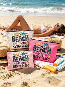 "Beach Is My Happy Place" Tropical Beach Theme Zipper Makeup Bag For Women, Portable Travel Toiletry Bag Organizer For Cosmetics And Toiletries, 6 Colors Available, Portable Organizer Bag, Beach Bag, Travel Bag, Travel Makeup Bag, Summer Vacation Accessory And Back To School Gift, Perfect For Birthday, Thanksgiving - Multicolor - View 1