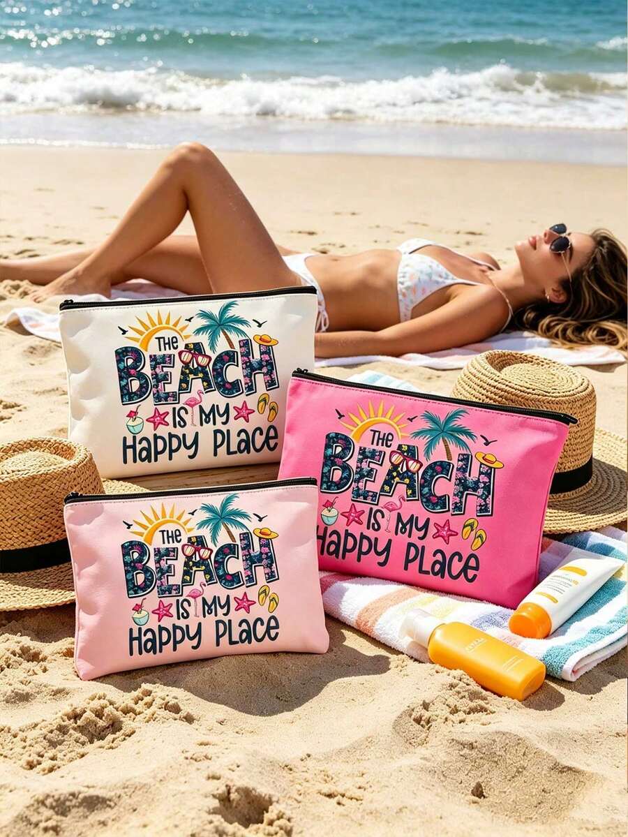 "Beach Is My Happy Place" Tropical Beach Theme Zipper Makeup Bag For Women, Portable Travel Toiletry Bag Organizer For Cosmetics And Toiletries, 6 Colors Available, Portable Organizer Bag, Beach Bag, Travel Bag, Travel Makeup Bag, Summer Vacation Accessory And Back To School Gift, Perfect For Birthday, Thanksgiving - Multicolor - View 1