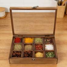 Retro Pine Wood 12-Compartment Spice Box, Countertop Spice Storage Box, Tea Spice Container, Spice Organizer, Spice Fit Box For Home Kitchen Restaurant - Brown - View 1