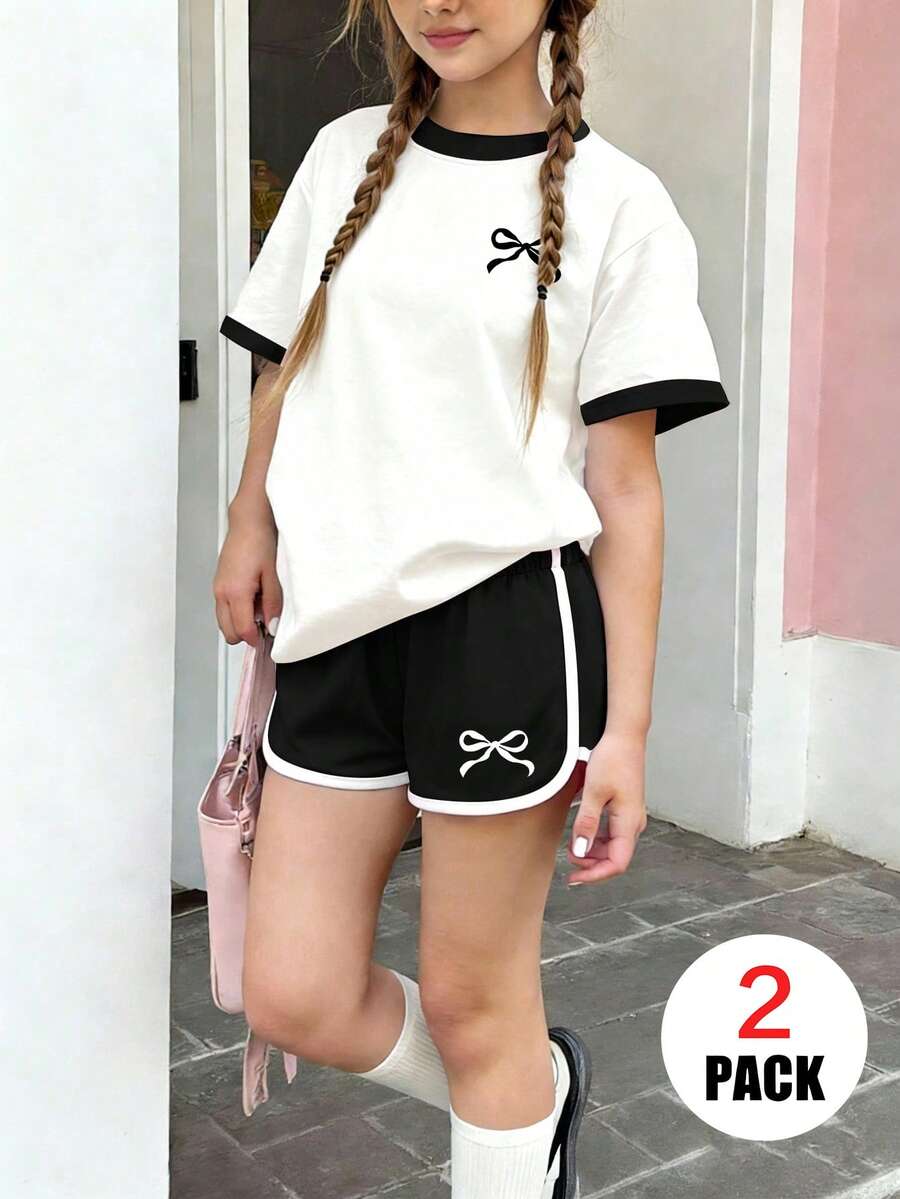 2件組女童休閒蝴蝶結印花套裝，撞色短袖上衣 + 運動短褲，舒適柔軟，適合夏季日常穿著 - 彩色 - 查看 1