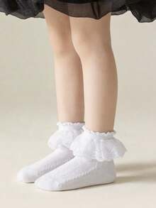 1雙純棉兒童中大童雙層荷葉邊襪子 女童素色網眼透氣舞蹈襪 嬰幼兒休閒運動短襪 - 白色 - 查看 2
