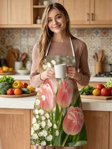 1pc, Tulip And Rose Pattern Polyester Apron, Suitable For Cooking, Baking, And Gardening – Can Also Be Used As Attire For The Kitchen And Dining. - Multicolor - View 8