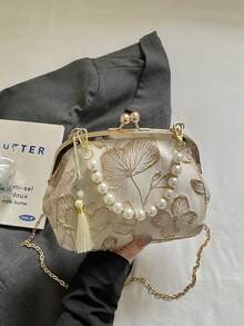 Elegant Women's Handbag With Beaded Embroidery And Fringe, Floral Print, Clutch, Suitable For Evening Party, Wedding, Banquet, Mother's Day Gift, Bridesmaid, Saint - 黑與白 - 查看 6
