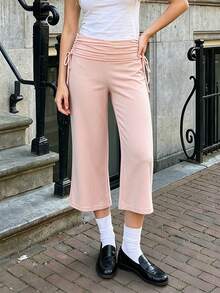 Womens Casual Capri Pants Solid Color Dot Print Ruched Drawstring Waistband Wide Leg Trousers Lounge Pants - Pink - View 2