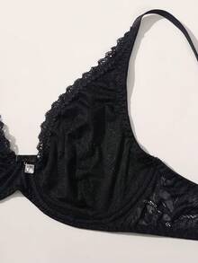 Women's Stylish Black Floral Lace Underwire Triangle Bra, Featuring A Scalloped-Edge V-Neck And A Push-Up Effect-Perfect For Everyday Wear. - Black - View 5