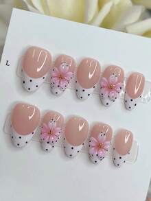10pcs Polka Dot French Style Y2K 3D Carved INS Handmade Press-On Nails, Minimalist Versatile Gradient Pink Flower Nail Art, Suitable For Girls' Daily Wear, Fake Nail Tips, Nail Supplies - Multicolor - View 1