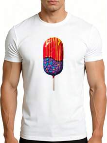 2026 camisetas para hombre - Camiseta retro de algodón 100% con diseño de arte pop de caramelos - Transpirable, suave y ligera, de manga corta, con coloridos patrones de caramelos goteantes, - Blanco - Ver 1