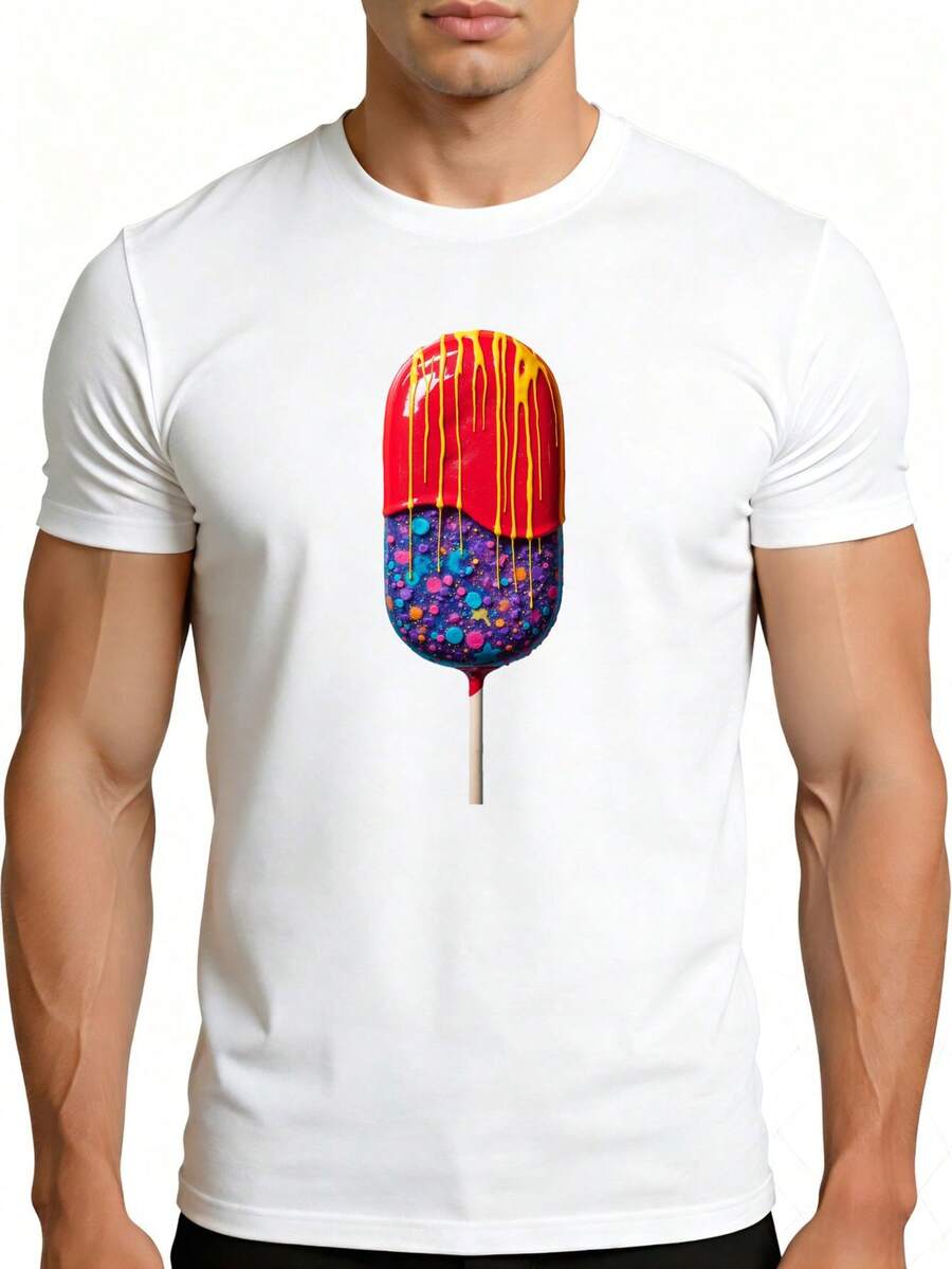 2026 camisetas para hombre - Camiseta retro de algodón 100% con diseño de arte pop de caramelos - Transpirable, suave y ligera, de manga corta, con coloridos patrones de caramelos goteantes, - Blanco - Ver 1